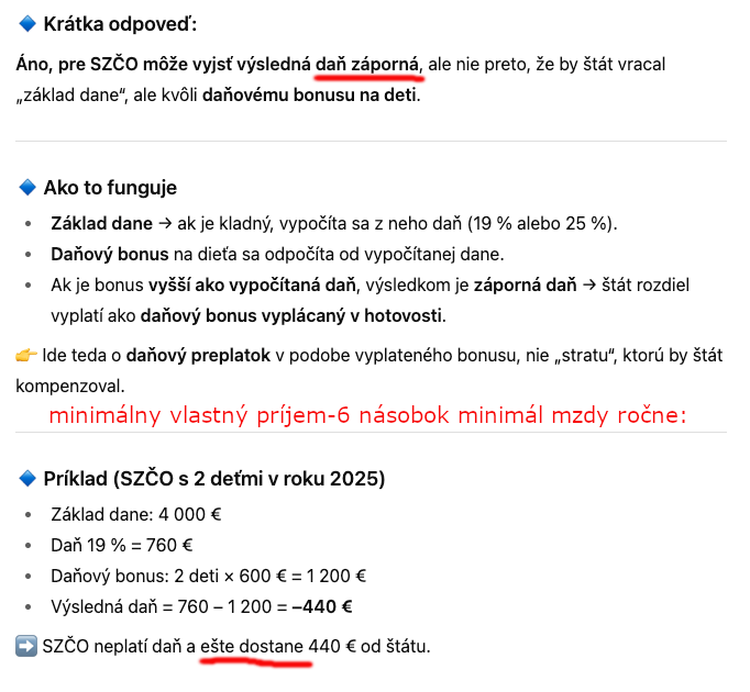 Dnes ma zaujímalo, či na základe pripočítateľnej položky , MÔŽE SZČO zarobiť viac ako je táto položka na daňovom bonuse na dieťa. Takto to vyzerá: Max 20% z 5600€=6 min platov krát úľavová detská daň :)